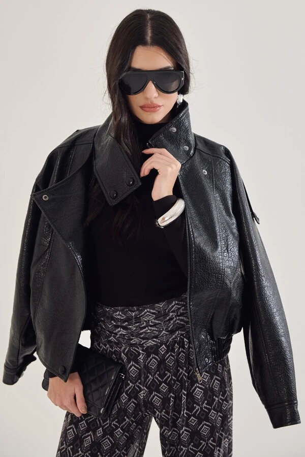 Jaqueta Oversized Biker Em Couro Sintético
