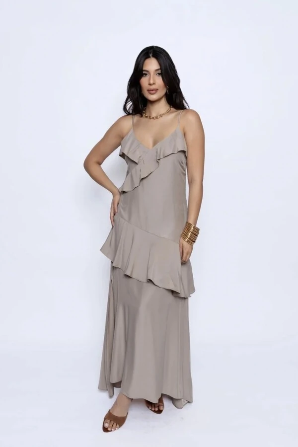 Vestido Longo Regata Babados Assimétricos