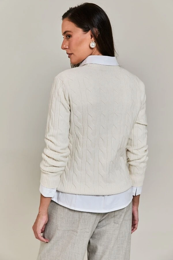 Tricot Decote Careca Trançado Manga Longa
