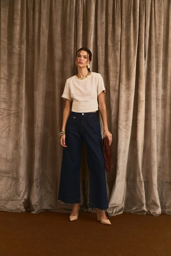 Calça Jeans Reta Cropped