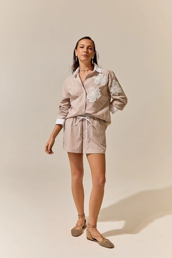 Camisa Manga Longa Tricoline Listrada C/ Aplicação