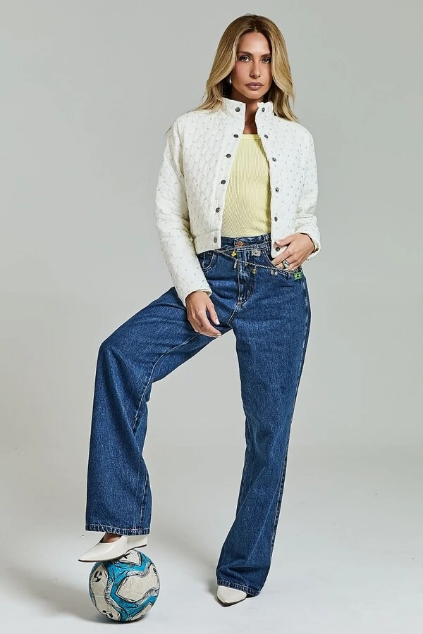 Jaqueta Puffer Slim Bordada Com Botão