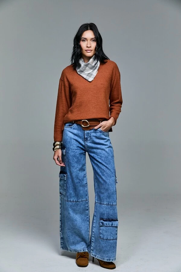 Calça Jeans Cargo Com Lavagem Marmorizada