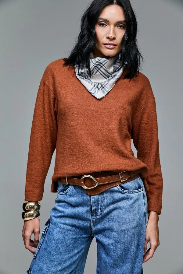 Blusa Manga Longa Malha Lã Com Bandana Avulsa