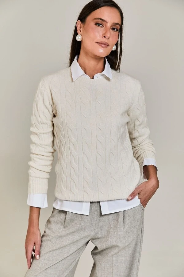 Tricot Decote Careca Trançado Manga Longa