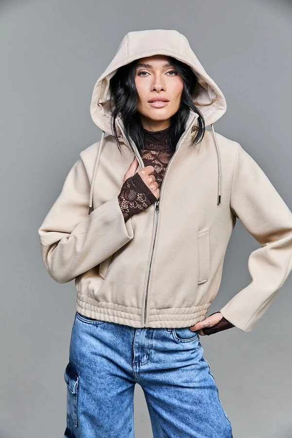 Jaqueta Em Lã Batida Com Capuz Removível E Zíper Frontal