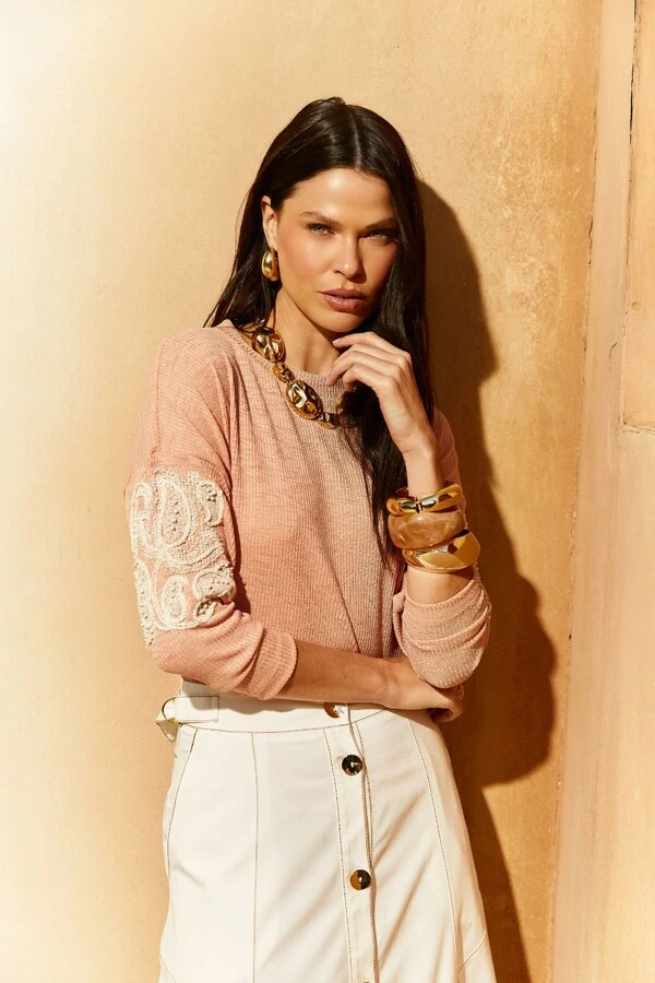 Blusa Malha Tricot Bordada