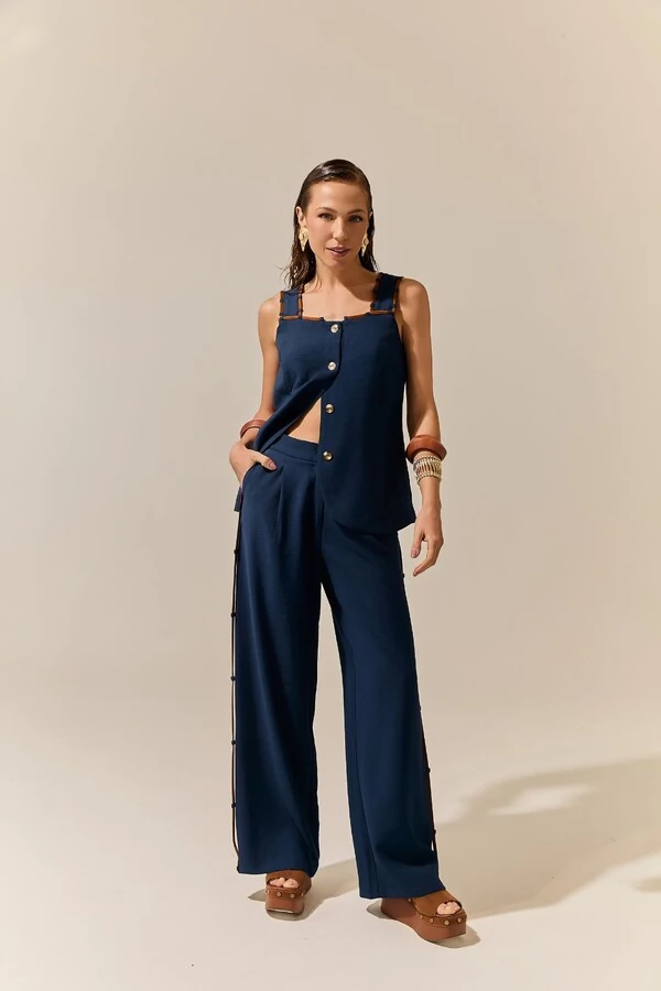 Calça Reta Viés Contrastante