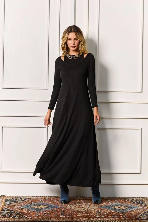 Vestido Canelado Manga Longa Sobreposição