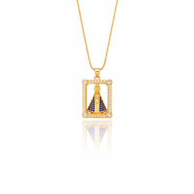 Foto Colar Nossa Senhora Aparecida Frame Cravejado com Zircônias Azuis