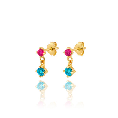 Foto Brinco Mãe&Filha Lovace Cristal Agua Marinha e Rubelita Ouro Amarelo