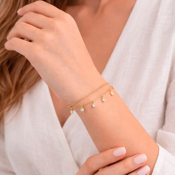 Colar e Pulseira Versality 2 em 1 Duas Voltas Zircônias Ouro Amarelo 18K