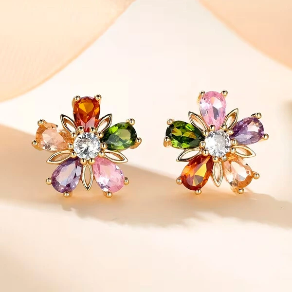 Brinco Colors Flor de Cristais Ouro Amarelo 18K
