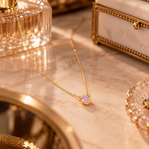 Colar Coração Aura Cristal Rose Ouro Amarelo 18K