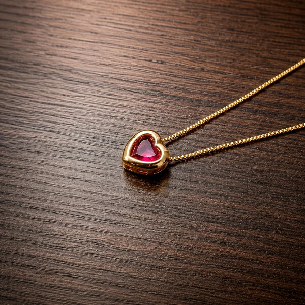 Colar Coração Aura Cristal Vermelho Rubi Ouro Amarelo 18K