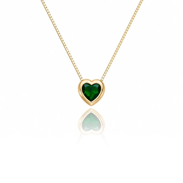 Colar Coração Aura Cristal Verde Esmeralda Ouro Amarelo 18K