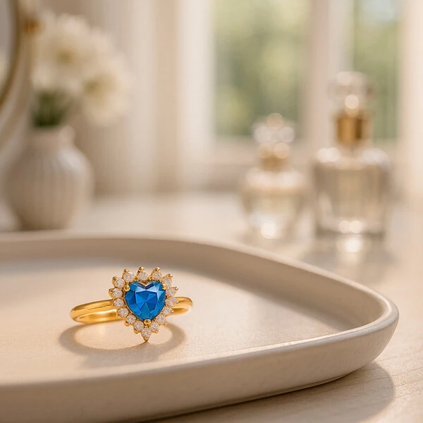 Anel Linha Hearts Em Cristal Cor Topázio Azul Ouro Amarelo 18K