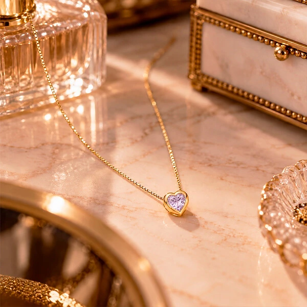 Colar Coração Aura Cristal Lilás Ouro Amarelo 18K