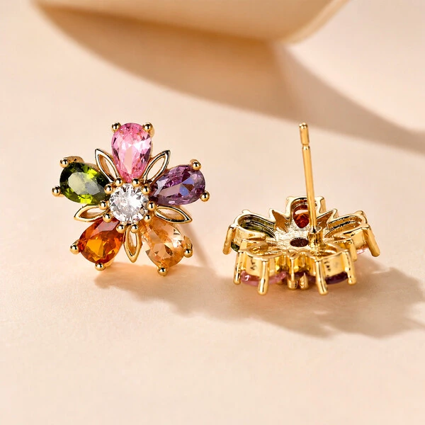 Brinco Colors Flor de Cristais Ouro Amarelo 18K