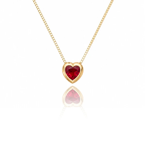 Colar Coração Aura Cristal Vermelho Rubi Ouro Amarelo 18K