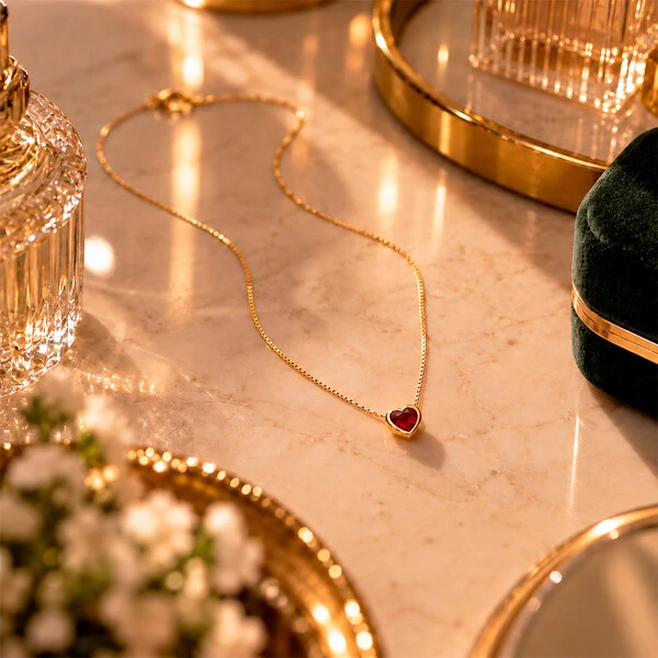 Colar Coração Aura Cristal Vermelho Rubi Ouro Amarelo 18K