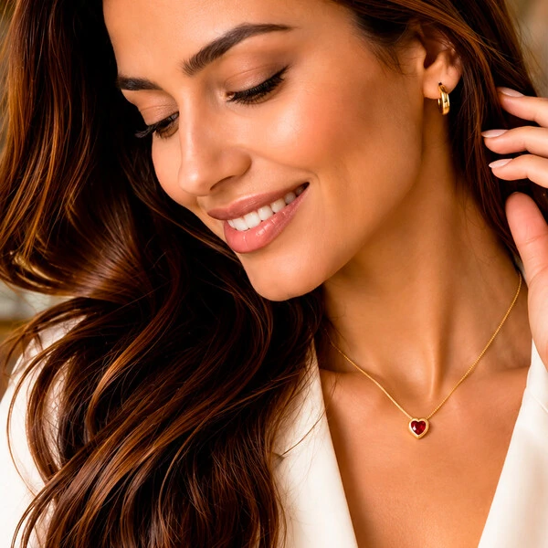 Colar Coração Aura Cristal Vermelho Rubi Ouro Amarelo 18K
