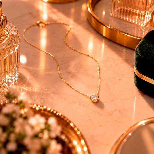 Colar Coração Aura Cristal Brilhante Ouro Amarelo 18K