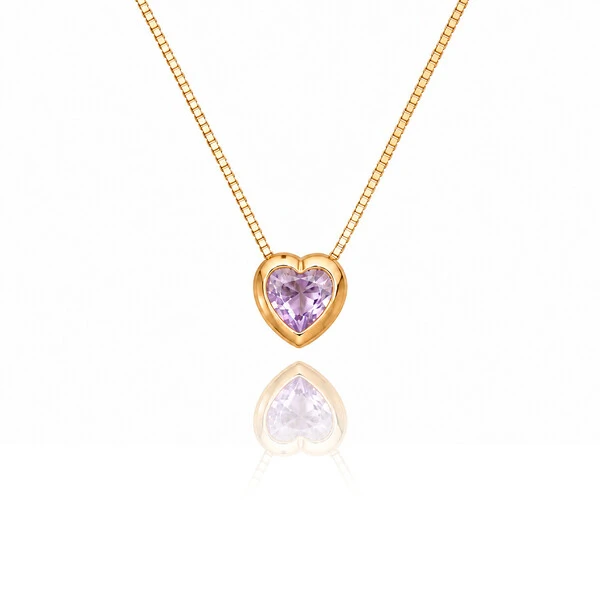 Colar Coração Aura Cristal Lilás Ouro Amarelo 18K