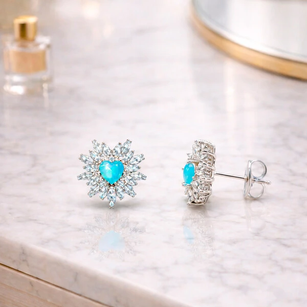 Brinco Scarlate com Cristal Turquesa e Zircônias Ouro Branco