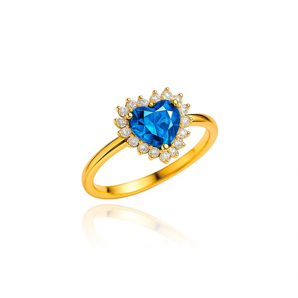 Anel Linha Hearts Em Cristal Cor Topázio Azul Ouro Amarelo 18K