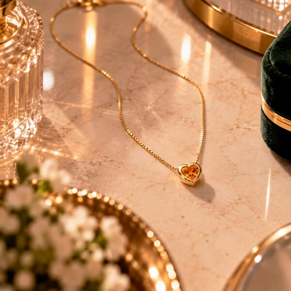 Colar Coração Aura Cristal Laranja Ouro Amarelo 18K