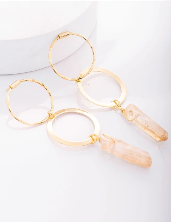 Brinco Aro Duplo Quartzo Rustico Dourado