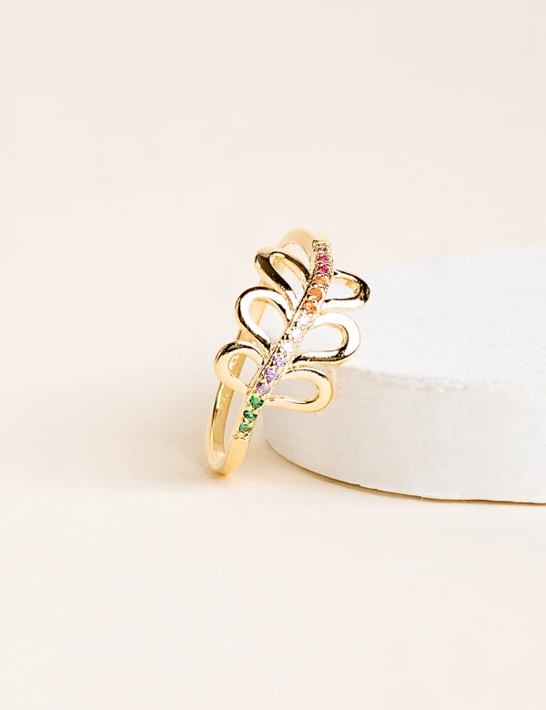 Anel Melinda Folha Zircônias Color Banhado Ouro 18K