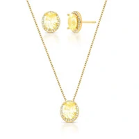 Conjunto oval zircônias fancy yellow cravejado ouro