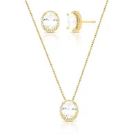 Conjunto oval zircônias brancas cravejado ouro