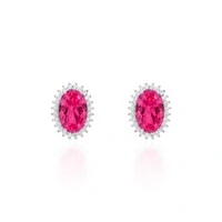 Brinco oval Brenda zircônia turmalina pink ródio branco