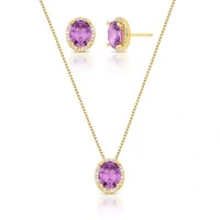 Conjunto oval zircônias ametista cravejado ouro