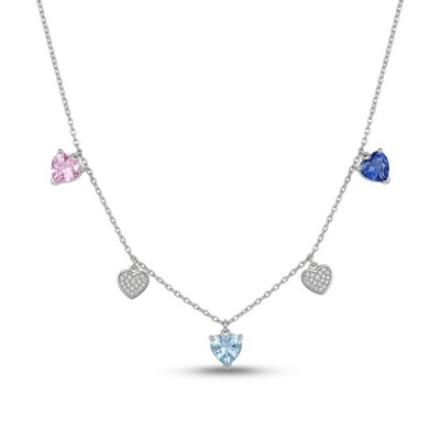 Foto Colar delicado corações zircônias coloridas prata 925