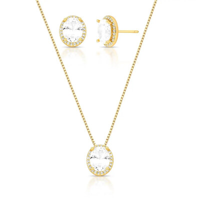 Foto Conjunto oval zircônias brancas cravejado ouro