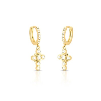 Foto Brinco argolinha cruz com zircônias ouro