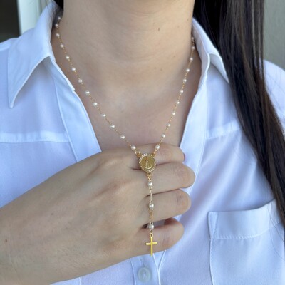 FotoColar terço Nossa Senhora Aparecida mini pérolas ouro