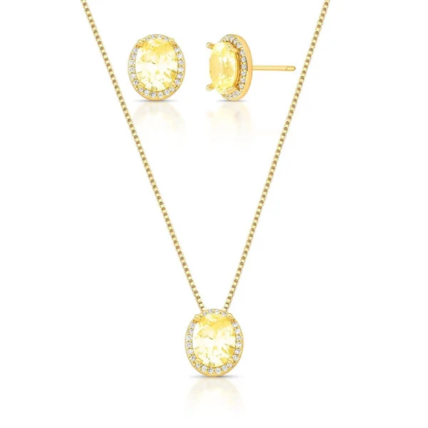 Conjunto oval zircônias fancy yellow cravejado ouro