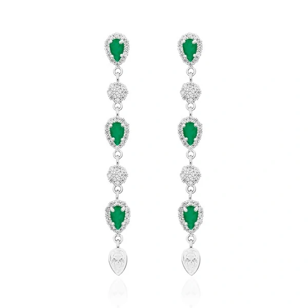 Brinco Dinah gotas esmeralda fusion ródio branco