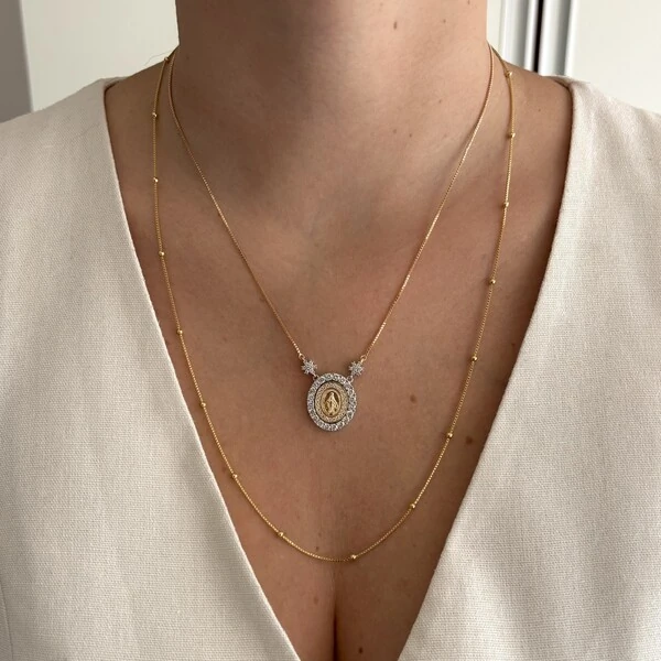 Colar medalha Nossa Senhora das Graças cravejado ouro/ródio branco