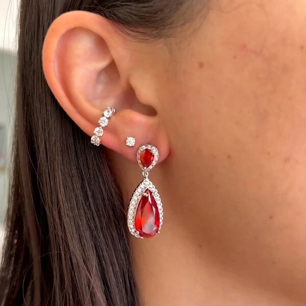 Brinco Harbour gota zircônia vermelha ródio branco