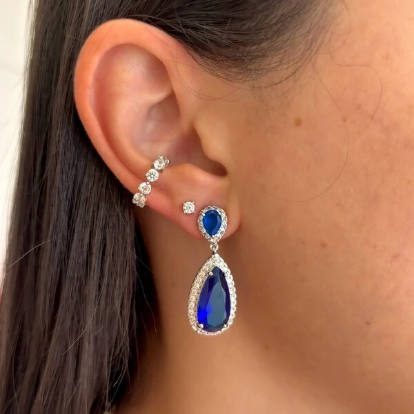 Brinco Harbour gota zircônia azul safira ródio branco