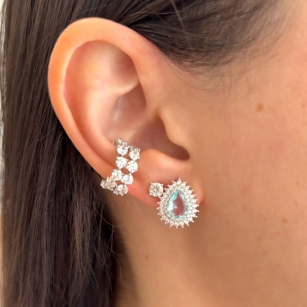 Brinco gota Donata zircônia água marinha ródio branco