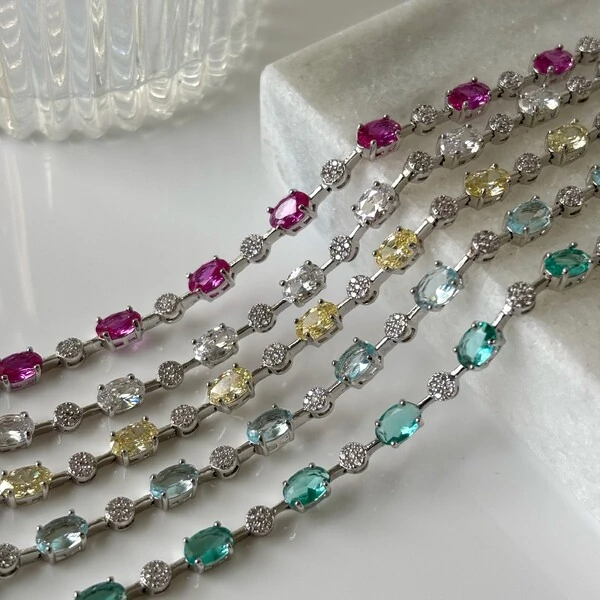 Pulseira riviera Anna zircônias água marinha ródio branco