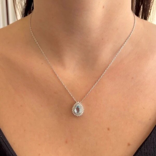 Colar gota Donata zircônia água marinha ródio branco