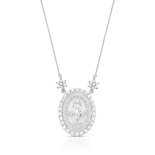 Colar medalha Nossa Senhora das Graças cravejado prata 925
